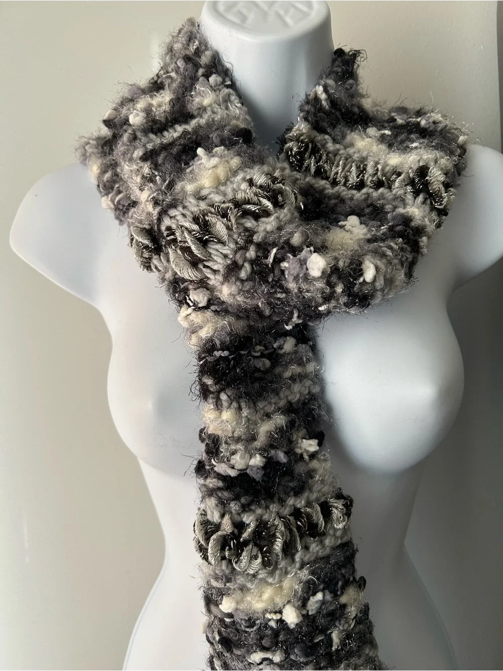 Handcrafted Black and Cream Textured Knit Scarf